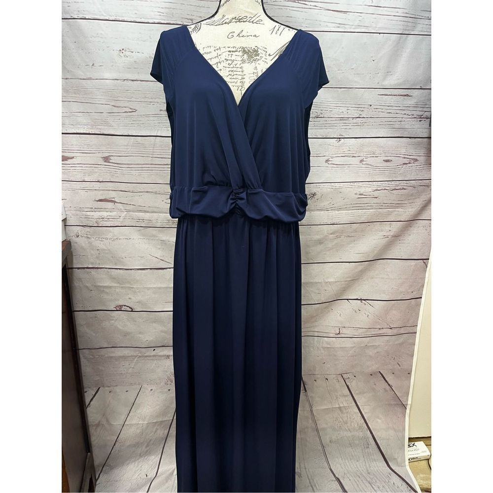 NY Collection Woman 2X Navy Blue Maxi Dress Plus Size V‎ Neck Knot Front